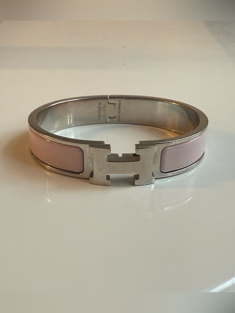 Hermès Clic H Bracelet in Silver/Pink Rose Candeur and Palladium Size PM
